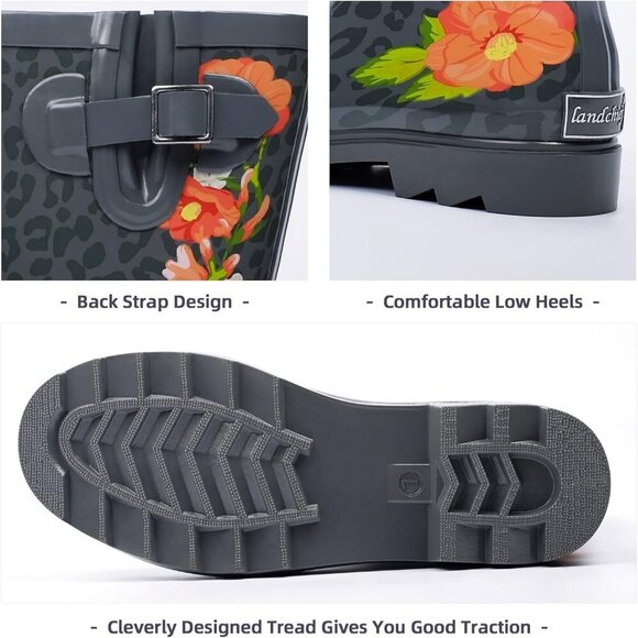 Women's Red Flowers Yellow Waterproof Tall Knee High Rubber landchief Rain Boot - Picture 5 of 6